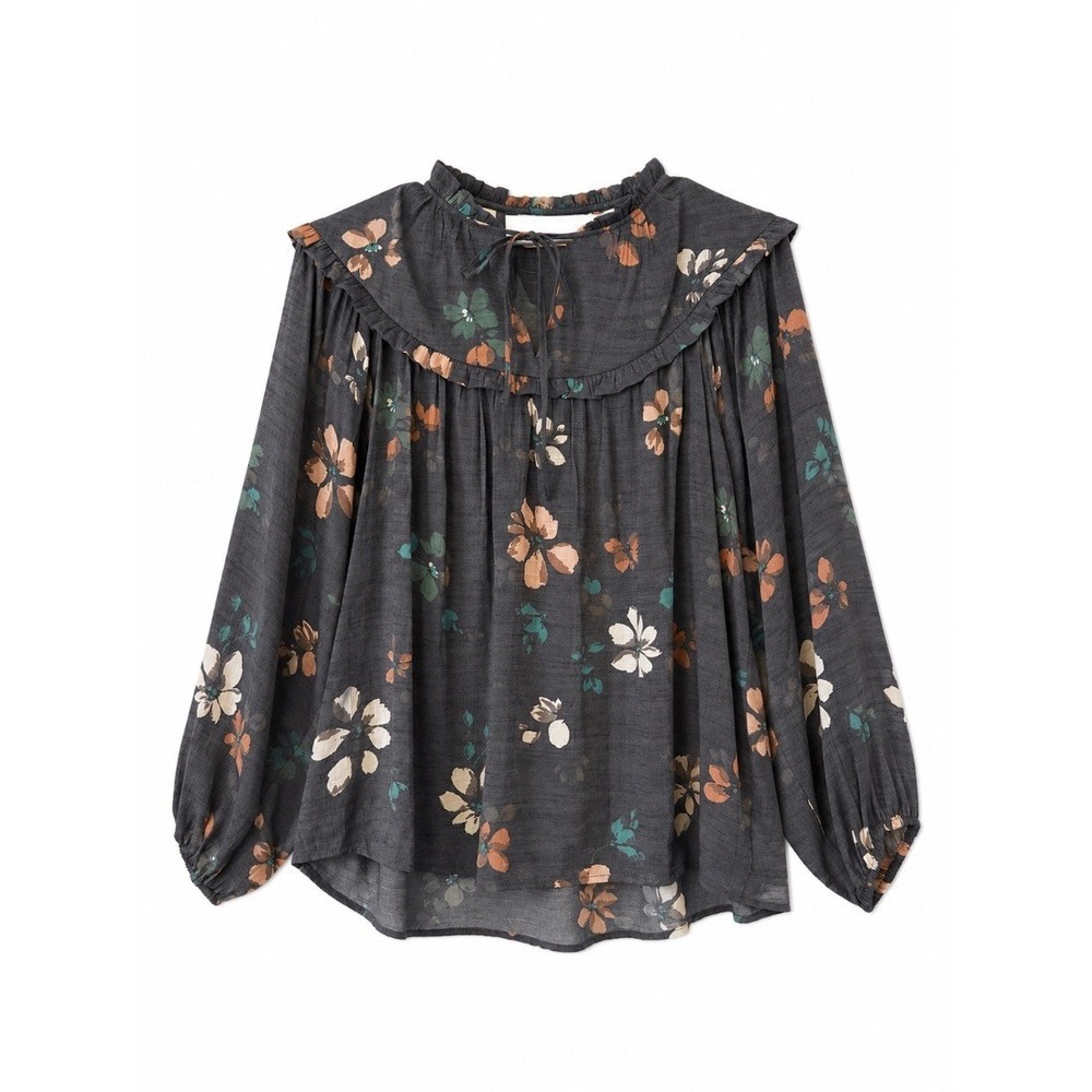 Hope Harlow Womens Blouse Top‎ Blue Floral Ruffle Neck Long Sleeve Boho M
